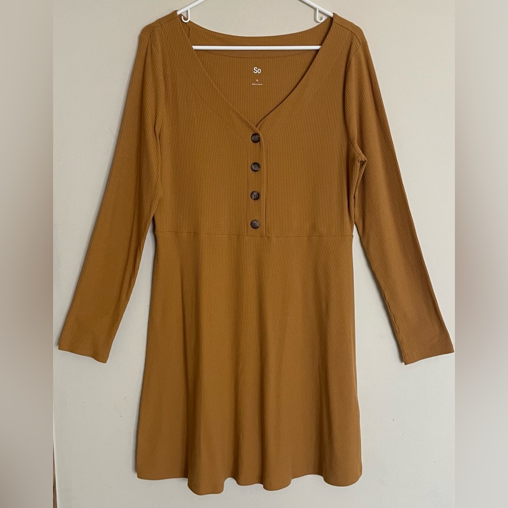 SO Mustard Henley Ribbed Long Sleeve A-Line Dress